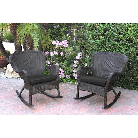 Jeco W00215-R-2-FS017 Windsor Espresso Resin Wicker Rocker Chair with Black Cushion, 2PK W00215-R_2-FS017